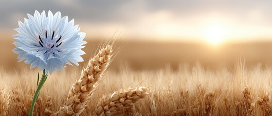 Fototapeta premium Vibrant blue cornflower stands tall among golden wheat field at sunset with warm glowing horizon in the background