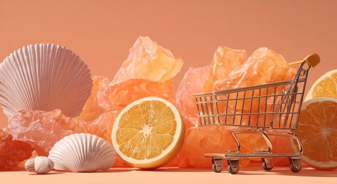 A vivid 3D depiction featuring a tiny orange shopping cart set against a peach backdrop, surrounded by fresh orange slices and orange hibiscus blossoms