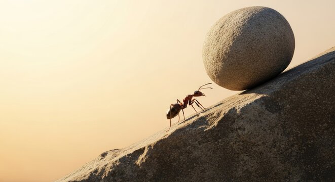 Ant pushing boulder uphill perseverance and determination concept