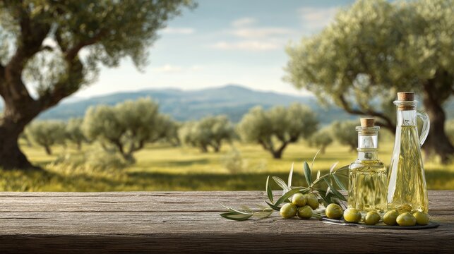 A wooden table holds olive oil and olives, while a rural landscape stretches in the background during daytime