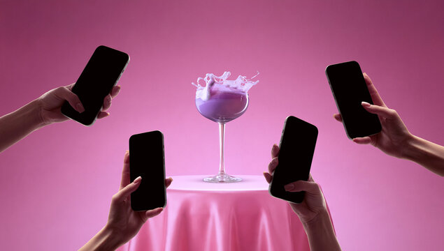 Multiple hands holding smartphones aimed at purple cocktail glass with splash on pink background. Concept of viral promotion, social media campaign, product launch, digital beverage advertising.