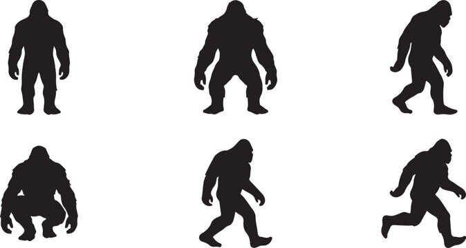 Six silhouette bigfoot figures in various poses with abominable snowman sasquatch creature mythical