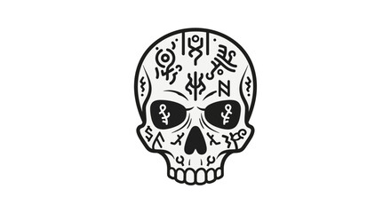 Fototapeta premium 伝統的な装飾が施されたスカルのデザイン。シンプルな黒と白の配色で描かれている。