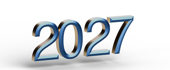 Stylish 2027 in metallic blue and gold against a white background. Perfect for year-end promotions, new year greetings, © vegefox.com