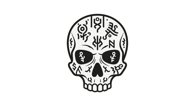伝統的な装飾が施されたスカルのデザイン。シンプルな黒と白の配色で描かれている。