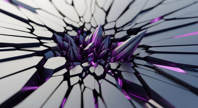 Fractured geometric design exhibiting chaotic breakdown and complex dimensional depth. Abstract surface revealing crystal shards and sharp edges, fracture, crystal, deconstruction