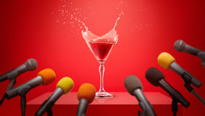 Red cocktail glass splashing on stage surrounded by multiple microphones against red background. Concept of product showcase, live presentation, beverage promotion, brand performance.
