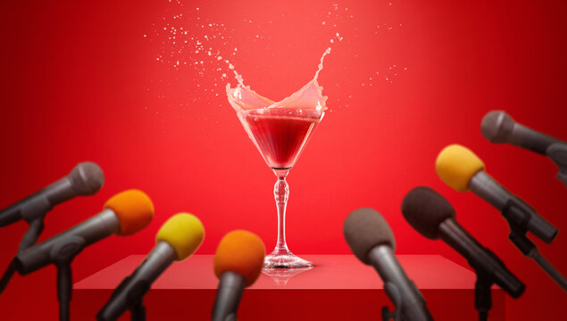 Red cocktail glass splashing on stage surrounded by multiple microphones against red background. Concept of product showcase, live presentation, beverage promotion, brand performance.