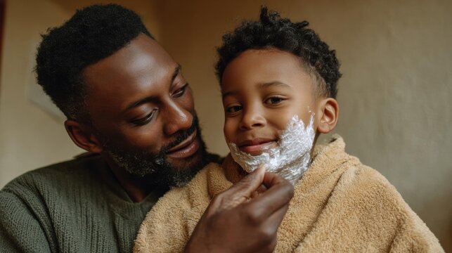 Father and son shaving together. the father is on the left side of the image, with a beard and is wearing a green sweater. he is holding the son in his arms and is shaving his face with shaving cream.