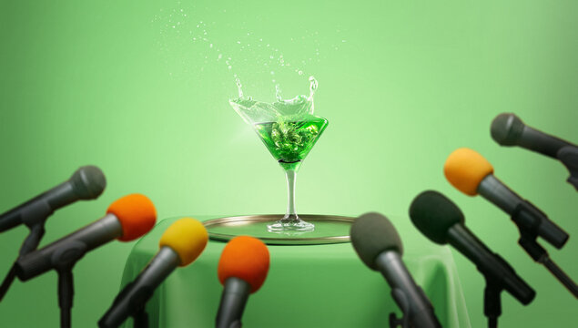 Green cocktail glass splashing on table surrounded by microphones against green background. Concept of bar service, drink promotion, horeca marketing, and cocktail offer.