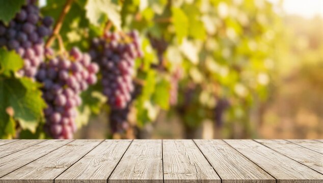 Empty light wood tabletop on a blurry vineyard background with purple grapes at golden hour. A warm surface for product display.