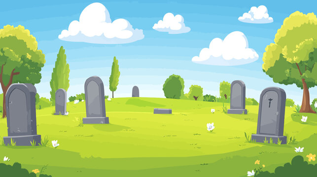 A cartoon depiction of a graveyard, with headstones, trees, flowers, and a blue sky