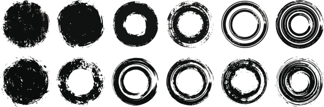 Set of grunge black ink brush circles, hand-drawn textured round frames isolated on white background.eps