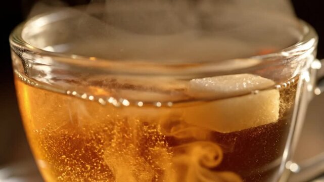 Sugar Cube Dropping into Hot Tea in Glass Cup - Slow Motion Close-up