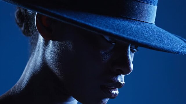 Close-up portrait of a Black woman wearing a dark blue fedora hat that casts a sharp, dramatic shadow across her face, emphasizing artistic lighting and elegant profile.