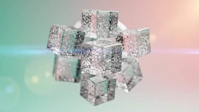 Abstract Floating Crystal Cubes with Silver Glitter on Pastel Background