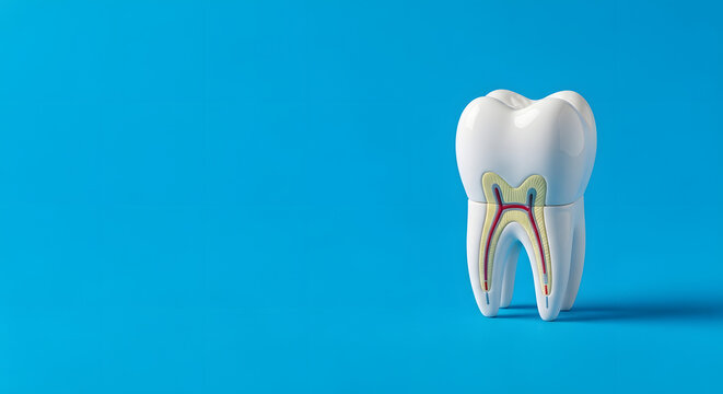 3D cross section of human molar tooth showing anatomy of enamel dentin and pulp on blue background