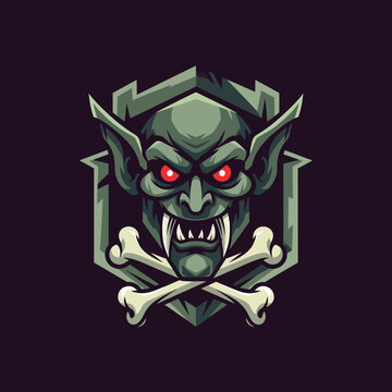 Scary Goblin Vampire Monster Face with Red Eyes and Crossed Bones Emblem