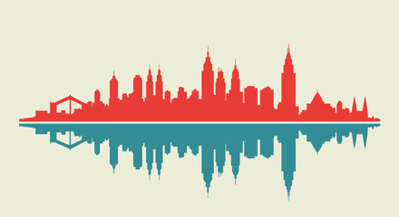 Obraz premium Red and Teal Skyline Silhouette with Reflection, Modern Cityscape, Urban Landscape