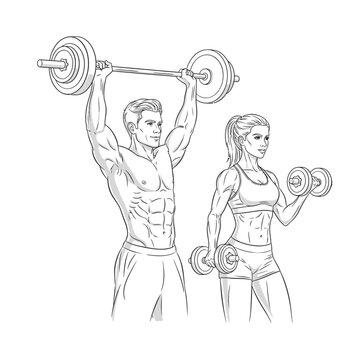 Fit couple lifting weights, man with barbell, woman with dumbbells, gym workout