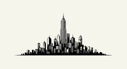 Obraz premium Modern city skyline silhouette, tall skyscrapers, urban landscape, black and white illustration