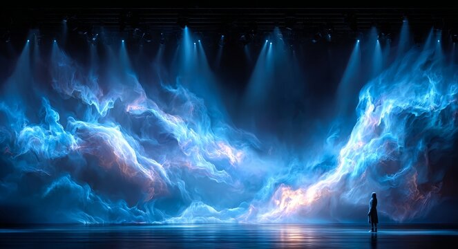 A light beam illuminates a figure within a dark cavern