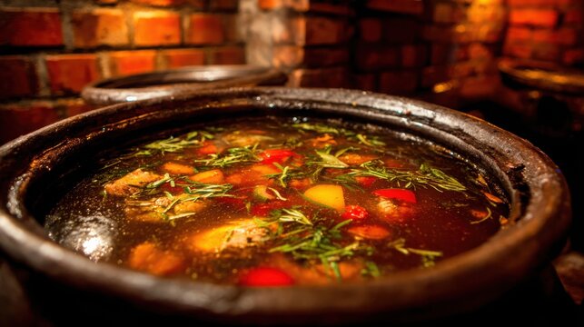 Hearty earthenware pot filled with simmering rustic stew, garnished with fresh herbs and vegetables
