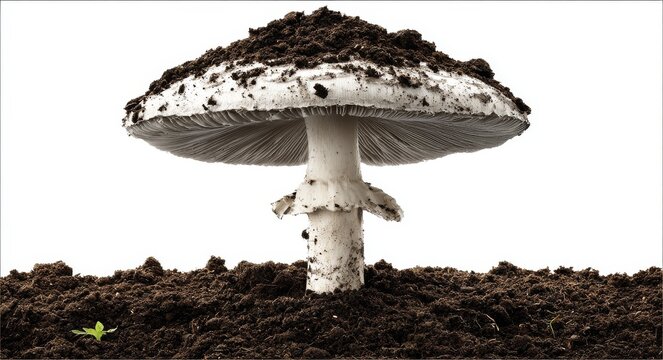 A mushroom emerging in soil, set against a transparent backdrop