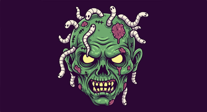 A monstrous green zombie head with bright yellow eyes and many white worms crawling out of its decaying flesh