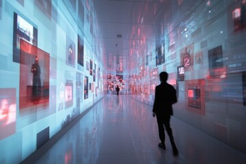 Fototapeta premium A dynamic corridor filled with floating holographic screens and ephemeral snapshots of memories and a person walking along.
