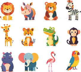 Fototapeta premium Cute Safari Animal Vector Icon Set - Flat Illustration Style
