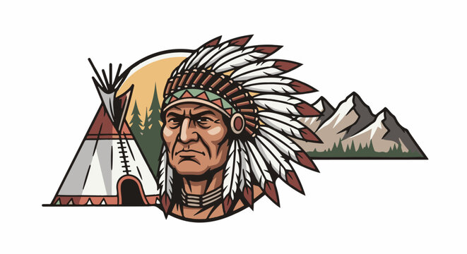 A native man in ceremonial headdress stands before a teepee, trees, and mountains