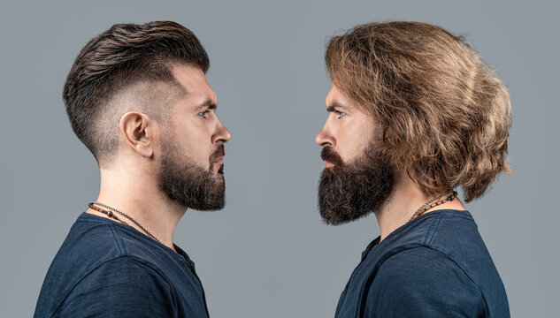 Profile. Collage man before and after visiting barbershop, different haircut, mustache, beard. Male beauty comparison