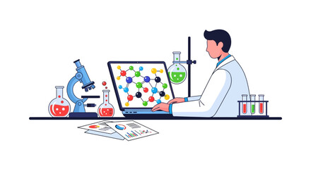 Naklejka premium Scientist analyzing molecular structure on laptop in laboratory with equipment