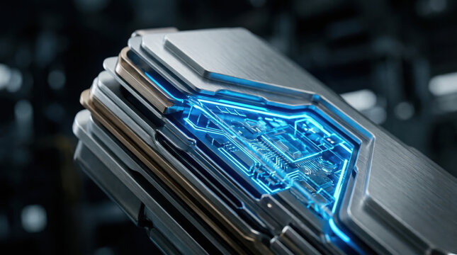 Extreme close-up macro visualization of a stylized solid-state smart battery cell. Features layered matte metallic textures and a glowing electric blue energy interface