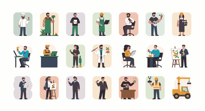 A grid of diverse professionals showcasing various occupations and skills