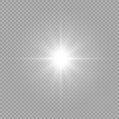 Vivid white starlight with horizontal lens flare. Vector transparent glowing burst with elegant rays and bright shining core isolated. © LILIIA SMIRNOVA