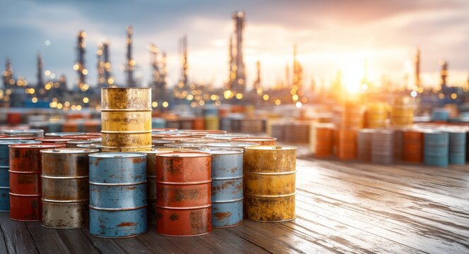 A flare stack burning gas towers over a stack of rusty oil barrels at an industrial refinery
