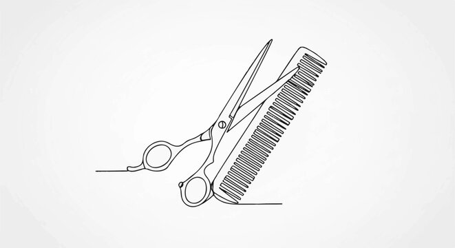 A minimalist line art illustration of a pair of scissors resting against a comb on a white background