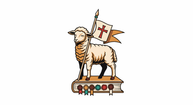 A lamb with a cross banner stands on a book with medals