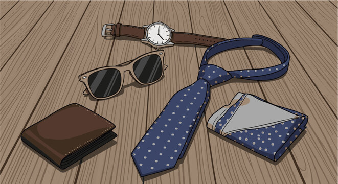 A man's accessories laid out on a wooden surface a wallet, sunglasses, a watch, a tie, and a pocket square