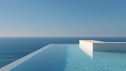 Fototapeta premium Long, rectangular swimming pool with a white concrete structure on the right side. the pool is surrounded by the vast expanse of the ocean, with the horizon visible in the background.
