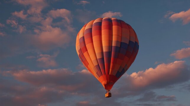Hot air balloon in the sky. the balloon is inflated and is in the center of the image. it is a large, cylindrical shape with a striped pattern in shades of orange, red, and blue.