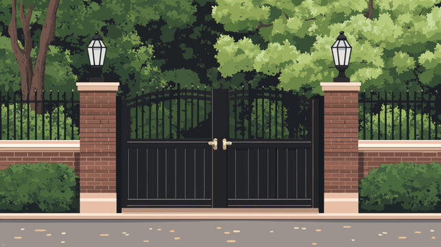 A stylized illustration features a closed black gate framed by brick pillars and lush greenery