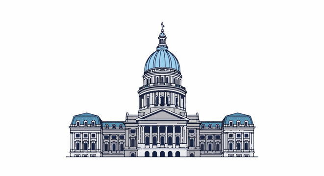 A grand neoclassical building with a prominent blue dome and symmetrical wings, featuring columns and mansard roofs