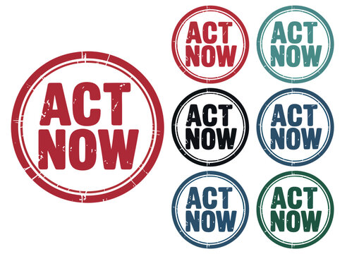 A collection of colorful act now stamps on a white background