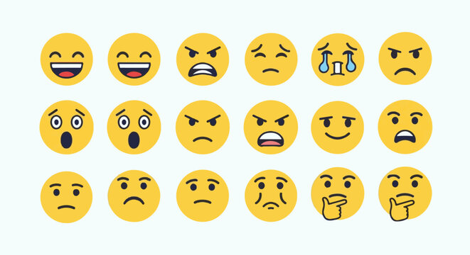 A grid of 15 yellow circular faces expressing various emotions and thoughts with black and white features