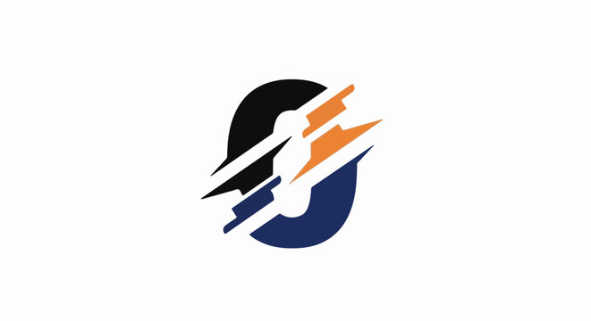 A graphic design features a stylized "O" with fragmented, sharp lines in black, orange, and blue