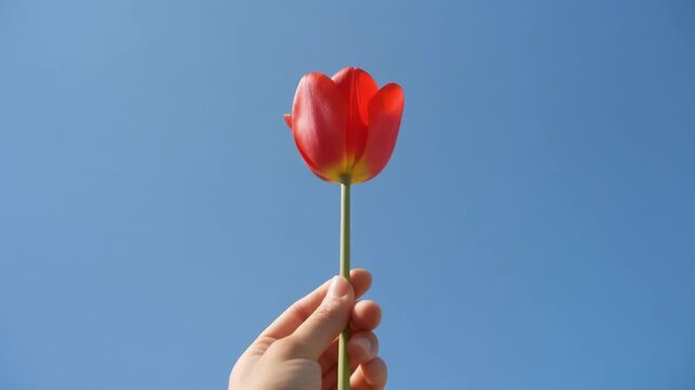 A vibrant red tulip held delicately by a hand, reaching towards a boundless expanse of clear blue sky, celebrating natural beauty and serene moments