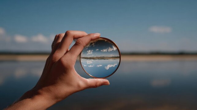 Hand holding a small circular mirror with a blue sky and clouds in the background. the hand is positioned in a way that the mirror is reflecting the sky and the clouds, creating a mirror-like effect.